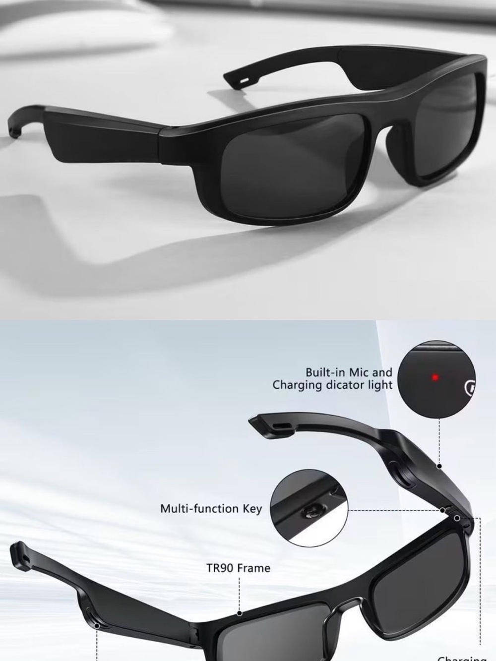Wireless Audio Shades — Black Sunglasses with Built-in Mic & Speakers - Picture 2 of 3